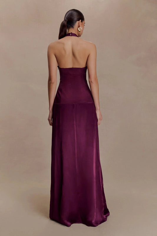 Whimsical Satin Halter-Neck Sleeveless Open-Back Flowy Floor-Length Evening Dress by YiHuiw