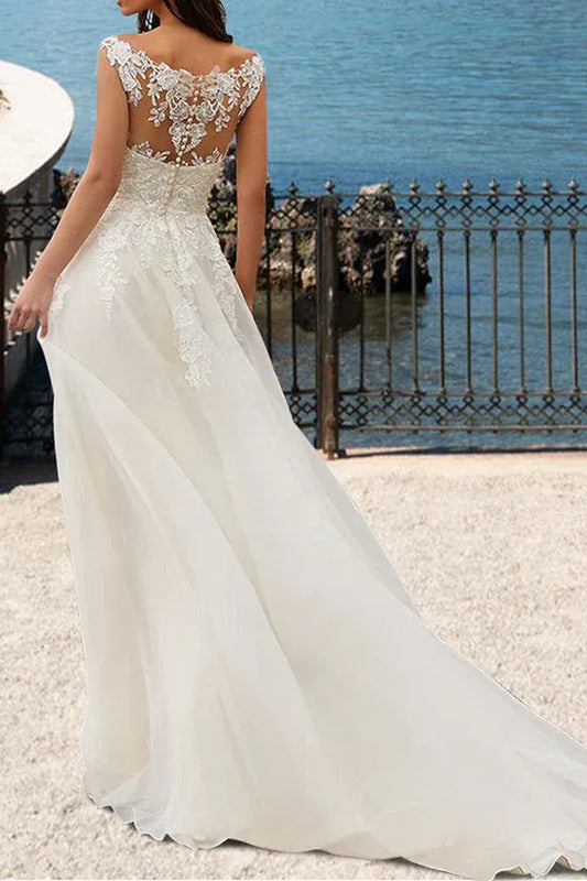 A-Line V-Neck Floor-Length Wedding Dress - Yihuiw by Yihuiw