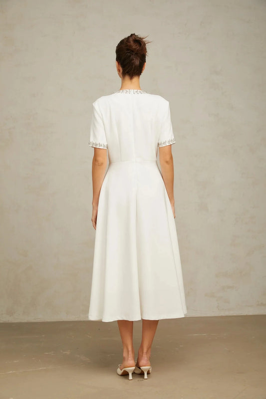 White Crystal - Embellished Bow - Front Midi Dress Cassiopeia crystal-accented bow midi dress in White Evening Dress by YiHuiw