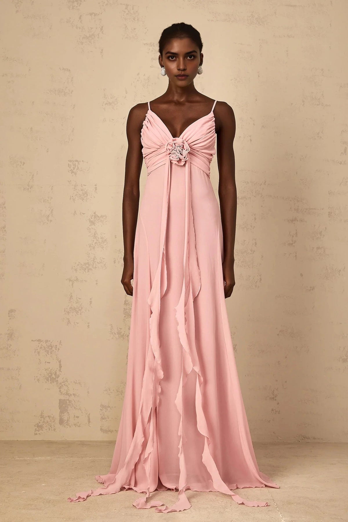White Draped Long Sleeve Maxi Dress with Waist Detail Soft-Pink 3D Petal Tulle Maxi Dress Evening Dress by YiHuiw