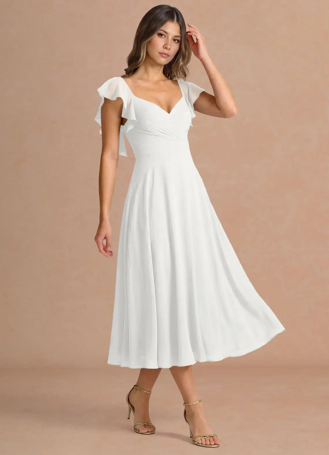 White V-Neck Chiffon Midi Wedding Dress - Yihuiw by Yihuiw