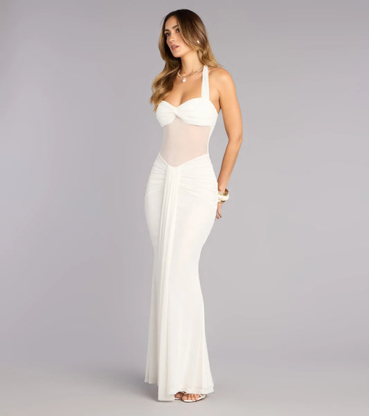 White Mermaid Halter Mesh Ruched Floor-Length Wedding Dress - Yihuiw by Yihuiw