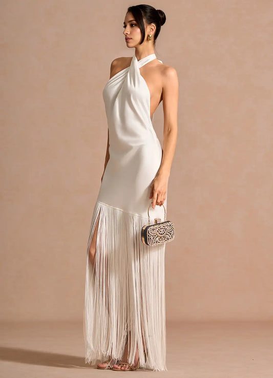 White Halter Satin Open Back Floor-Length Wedding Dress - Yihuiw by Yihuiw