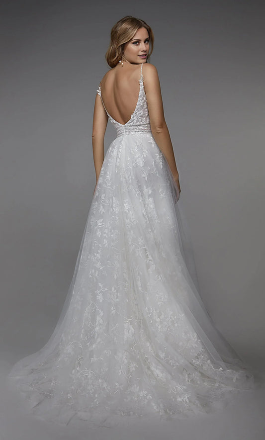 White A-Line Spaghetti Strap Lace Train Wedding Dress - Yihuiw by Yihuiw