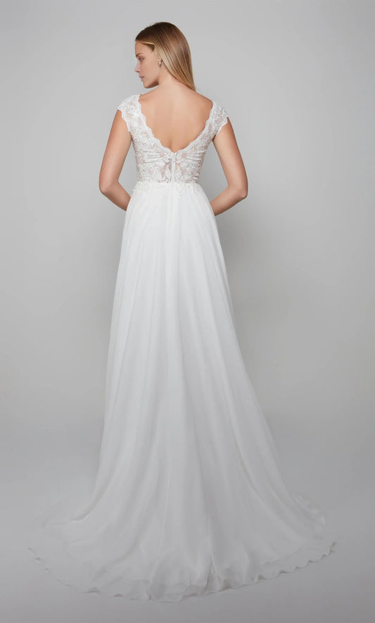 White A-Line Illusion Chiffon Cap Sleeve Wedding Dress - Yihuiw by Yihuiw