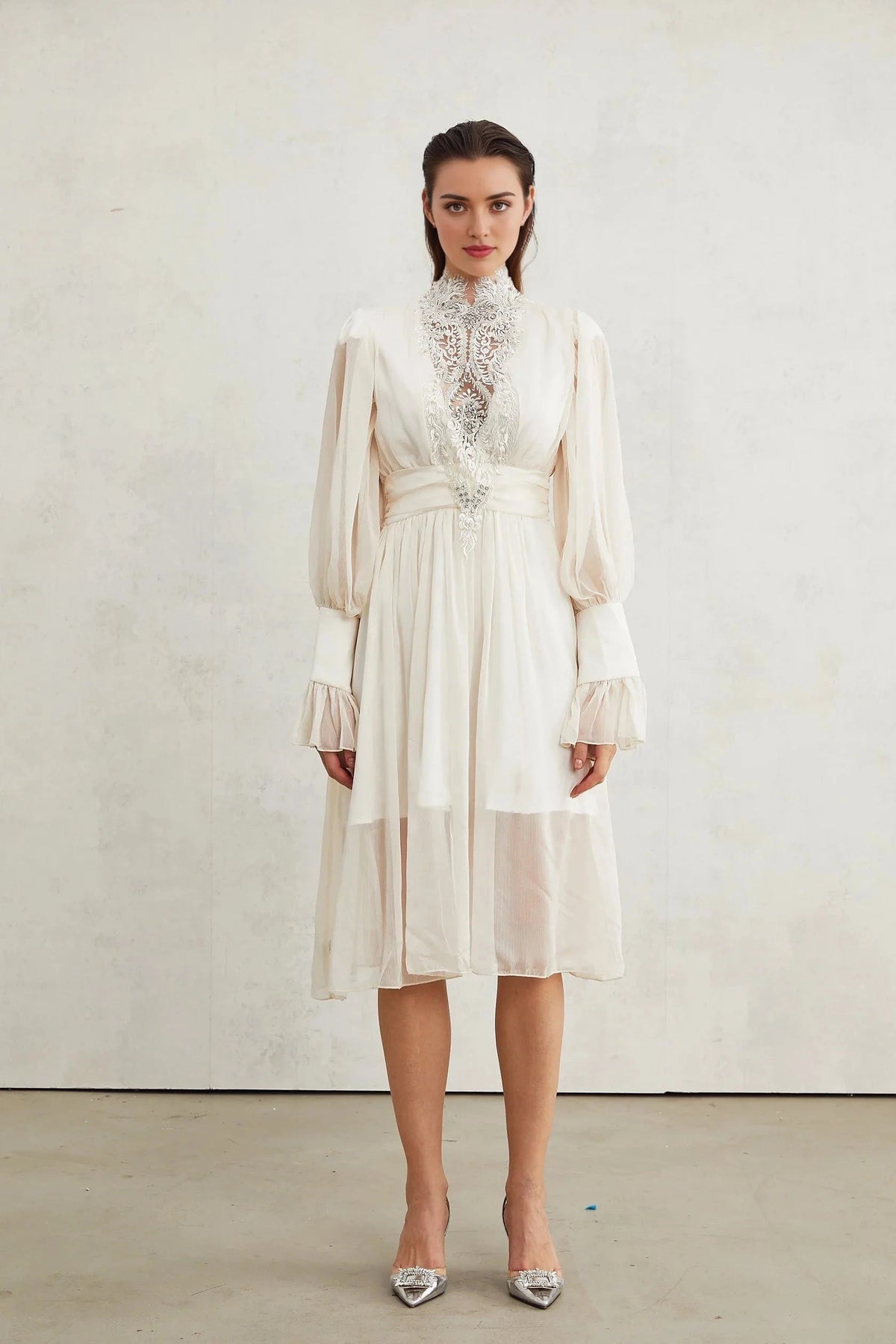 White Lace Embellished High - Neck Midi Dress Mirage lace-detail embellished dress Evening Dress by YiHuiw