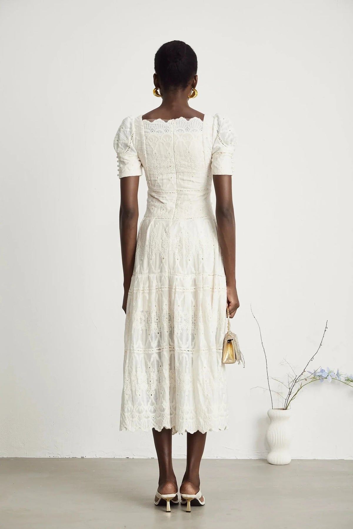 White Lace Puff Sleeve Midi Dress faux-pearl embellished cut-out midi dress Evening Dress by YiHuiw