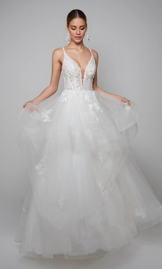 White A-Line V-Neck Tulle Lace-Up Back Ruffled Wedding Dress - Yihuiw by Yihuiw
