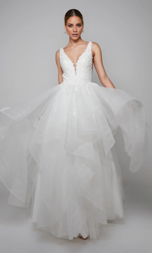 White A-Line V-Neck Tulle Ruffled Wedding Dress - Yihuiw by Yihuiw