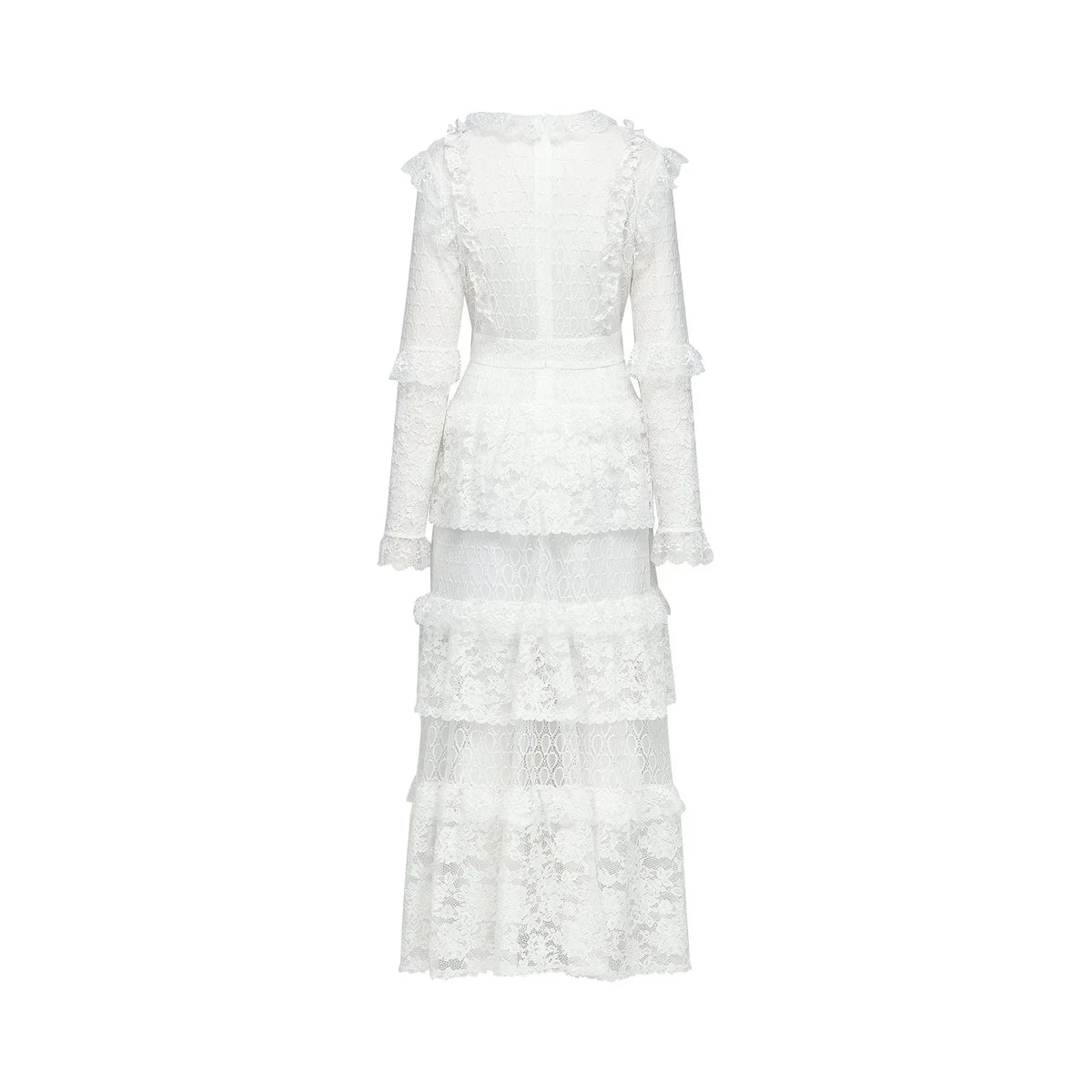 White Long Sleeve Tiered Lace Maxi Dress layered cut-out lace embroidered midi dress Evening Dress by YiHuiw