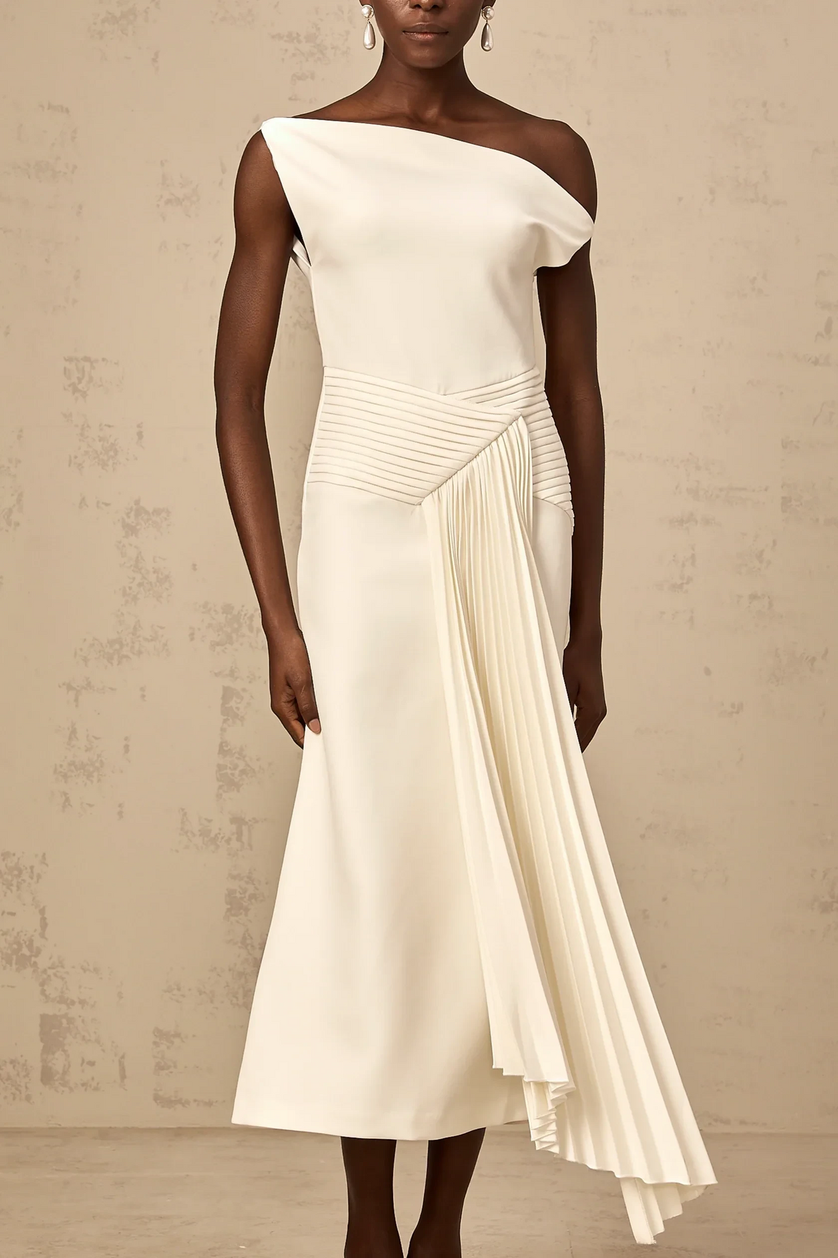 White One - Shoulder Pleated Midi Dress asymmetrical draped midi dress in White Evening Dress by YiHuiw