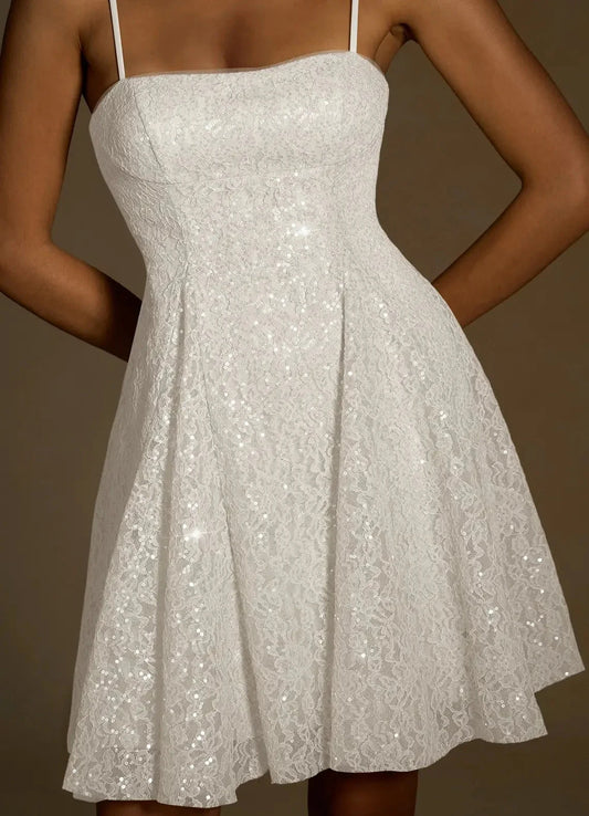 White Sequin Lace Mini Dress with Criss - Cross Back White Sequin Lace Mini Dress with Criss - Cross Back Homecoming Dresses by YiHuiw