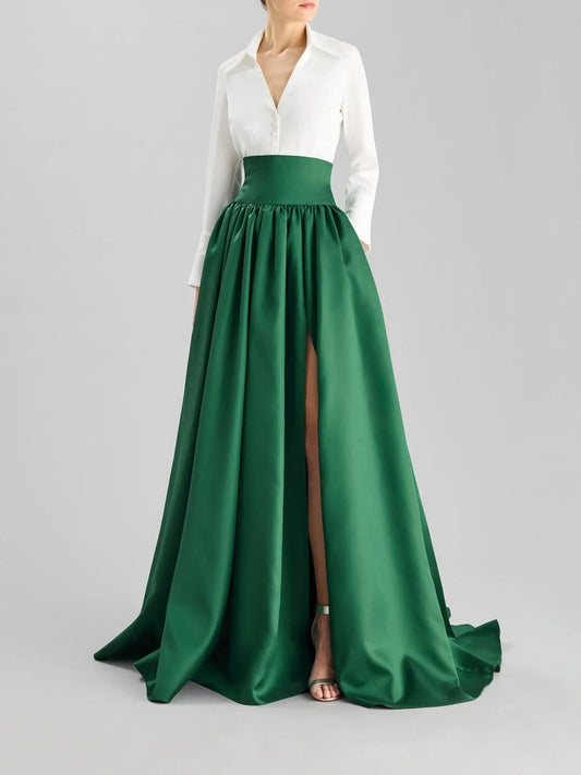 White Shirt with Emerald Green Satin Maxi Skirt Set Long-sleeve A-line party dress in Mikado Mother of the Bride Dresses by YiHuiw