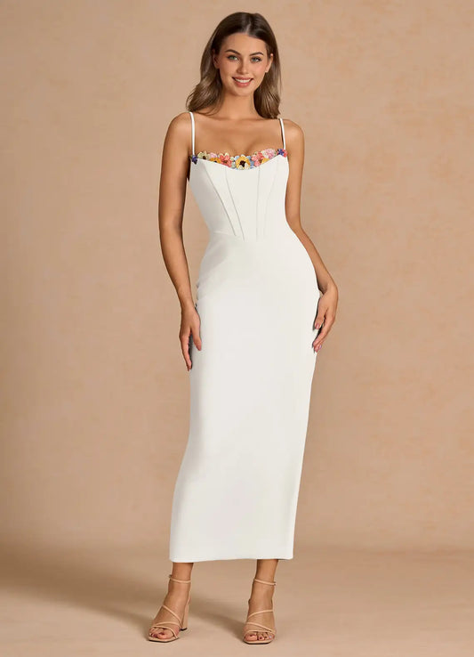 White Spaghetti Strap Lace-Up Back High Slit Midi Wedding Dress - Yihuiw by Yihuiw