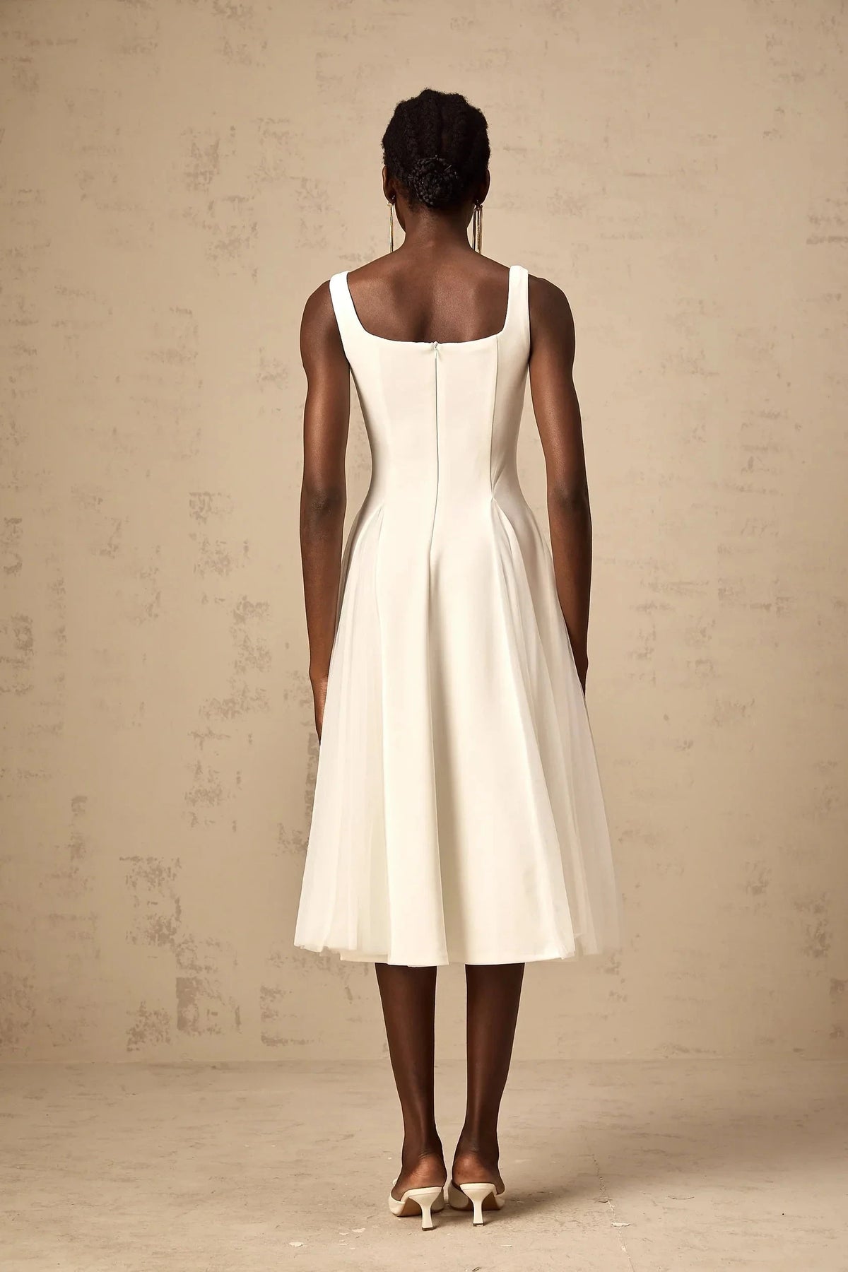 White Square Neck Tulle Midi Dress white tulle godet midi dress Evening Dress by YiHuiw