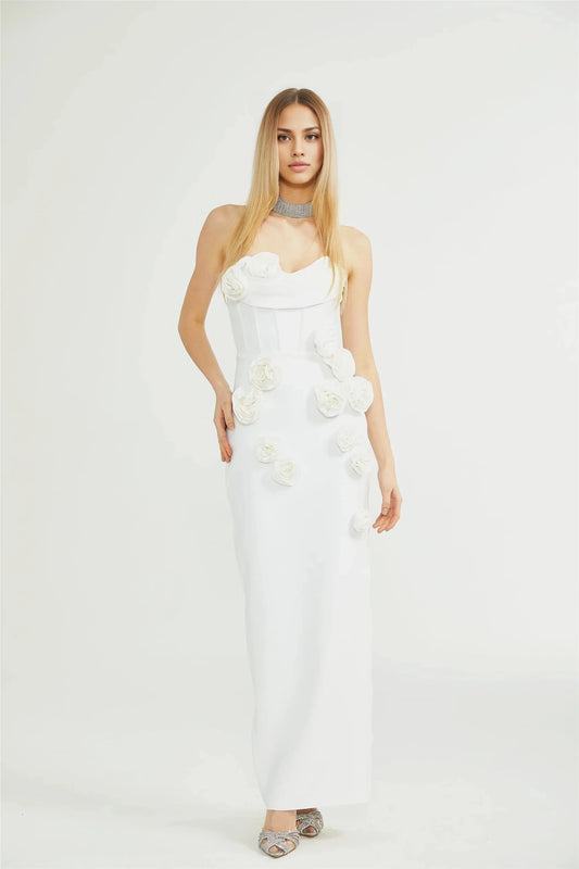 White Strapless 3D Floral Maxi Dress off-shoulder floral dress Evening Dress by YiHuiw