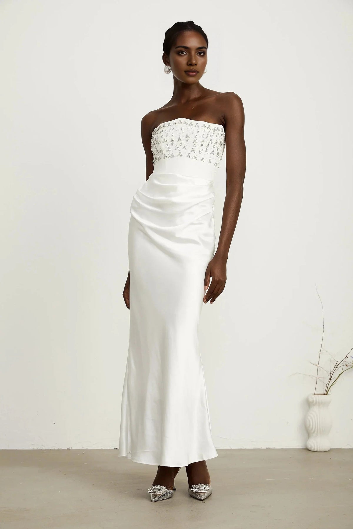White Strapless Satin Maxi Dress with Embellished Bodice Aurore White Crystal Embellished Maxi Dress Evening Dress by YiHuiw