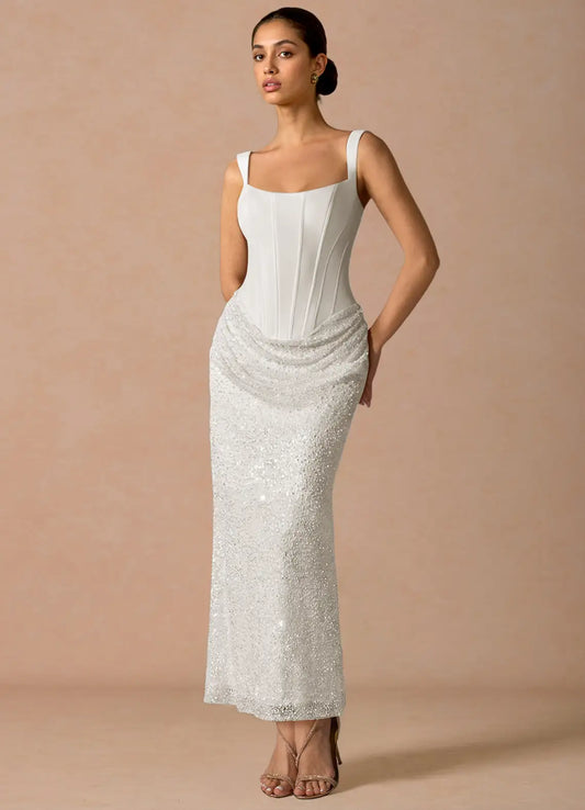 White Square Neck Lace-Up Back Draped Midi Wedding Dress - Yihuiw by Yihuiw