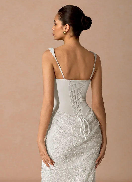 White Square Neck Lace-Up Back Draped Midi Wedding Dress - Yihuiw by Yihuiw