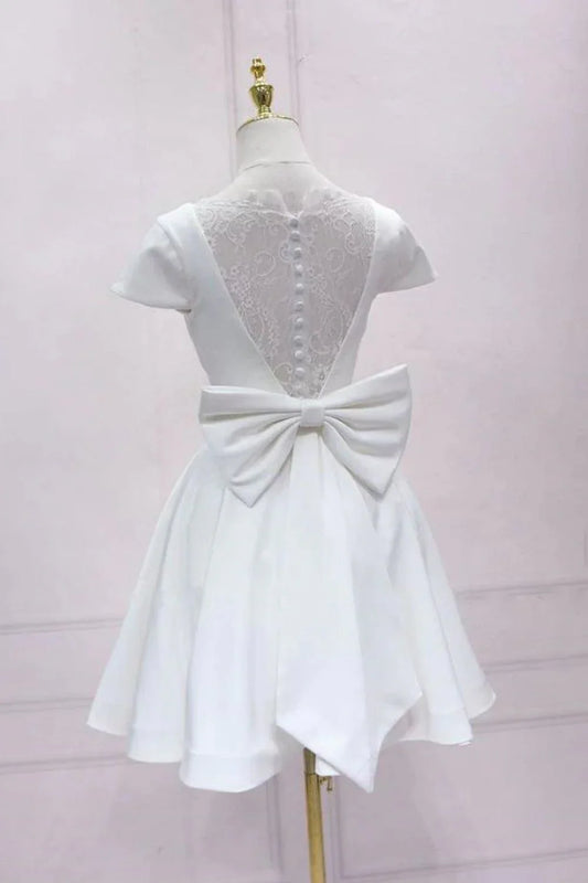 White A-Line Homecoming Dress with Short Sleeves and Open Back – Elegant Fit and Flare Cocktail Mini Dress