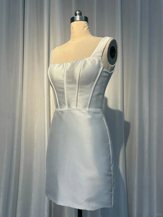 White Classic short satin backless homecoming dress prom dress back to school outfits simple gentle atmospheric and unique desi Bring summer colors to enhance whiteness by YiHuiw