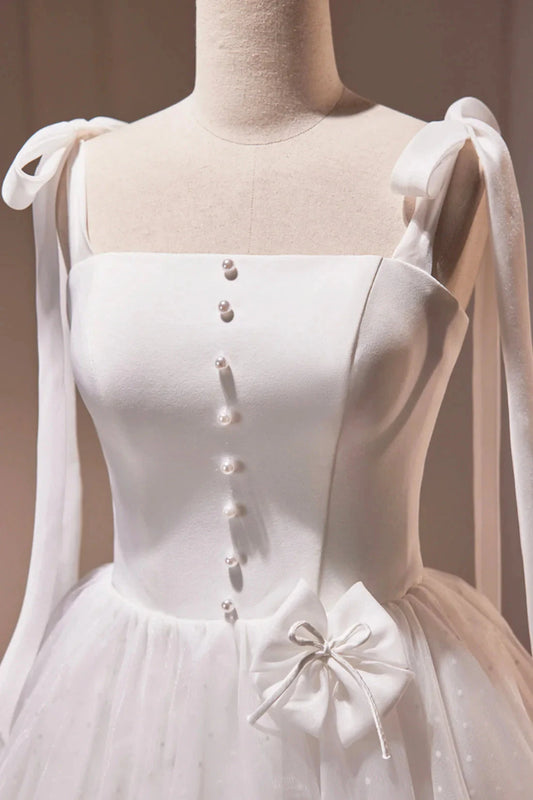 White Spaghetti Strap Short Prom Dress White Tulle Party Dress simple gentle atmospheric and unique desi Bring summer colors to enhance white by YiHuiw
