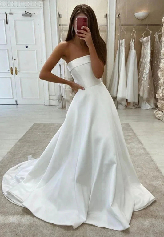 White Strapless Satin Long Prom Dresses Simple Wedding Dress simple gentle atmospheric and unique desi Bring summer colors to enhance whiteness by YiHuiw