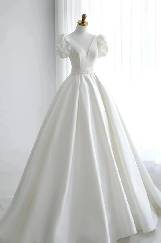 White V-Neck Satin Long Prom Dress A-Line Short Sleeve Formal Dress simple gentle atmospheric and unique desi Bring summer colors to enhance whitenes by YiHuiw