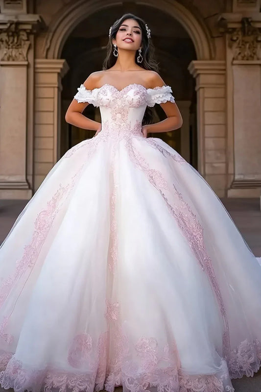 White and Blush Pink Off-the-Shoulder Ball Gown Prom Dress with Floral Appliques and Tulle Skirt