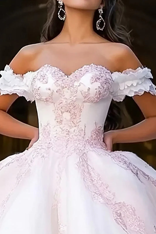 White and Blush Pink Off-the-Shoulder Ball Gown Prom Dress with Floral Appliques and Tulle Skirt