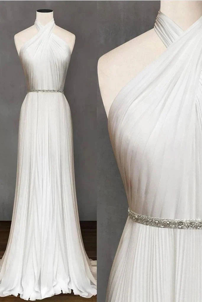 White hanging neck dress with sleeveless off shoulder design, featuring a high waist and rhinestone waistband with a cross neckline by YiHuiw