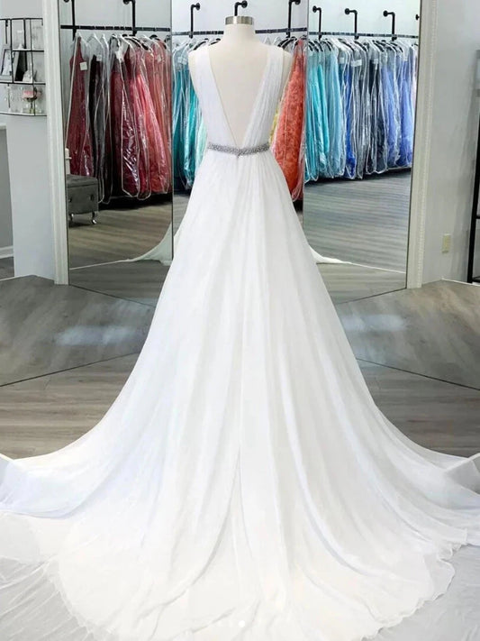 White v neck chiffon long prom dress white lace evening dress simple gentle atmospheric and unique desi Bring summer colors to enhance whitenes by YiHuiw