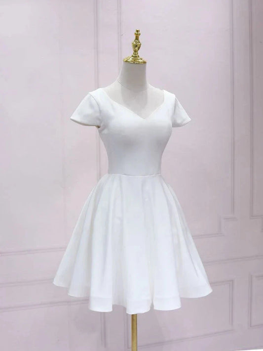 White v neck satin lace short prom dress, white homecomingWhite v neck satin lace short prom dress, white homecoming dress simple gentle atmospheric and unique desi Bring summer colors to enhance whitenes by YiHuiw