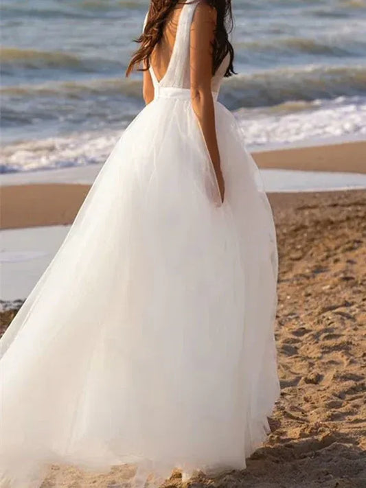 A-Line Tulle Open Back Ruched Wedding Dress - Yihuiw by Yihuiw