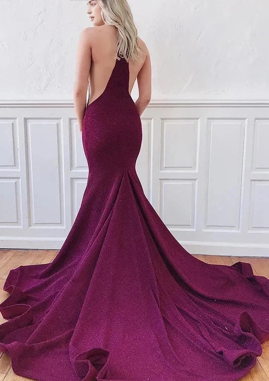 Wine red deep V backless fish tail deep V neckline dress with shiny sequins on the body by YiHuiw