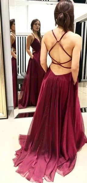 Wine red long dress dress with cross tie design on the back, suitable for dinners, dances, etc by YiHuiw