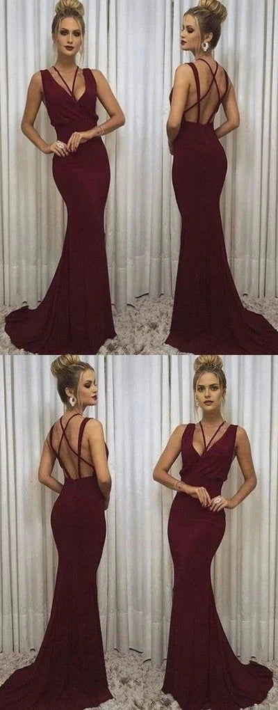 Wine red long dress with deep V-neck and cross straps suitable for dinners, red carpets, parties, etc by YiHuiw