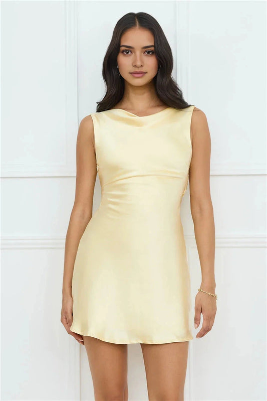 Yellow Satin Mini Dress with Open Back and Bow Detail Satin.Back tie. Short Prom Dress by YiHuiw