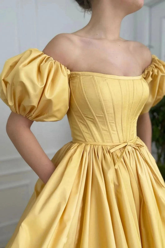 Yellow Satin Long A-Line Prom Dress Cute Short Sleeve Evening Dress with Slit simple gentle atmospheric and unique desi Bring summer colors to enhance whitenes by YiHuiw