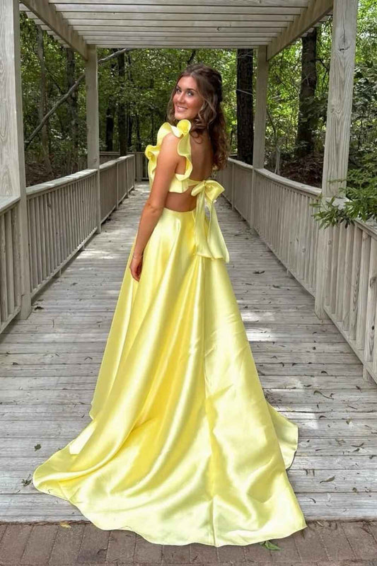 Yellow Satin Ruffle Prom Dresses Backless Bow Train Formal Evening Gown by JiMiss Dresses