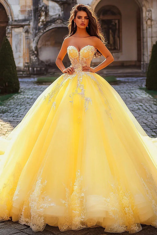 Yellow Strapless Ball Gown Prom Dress with Floral Lace Appliques and Tulle Skirt