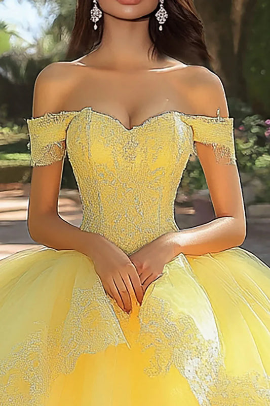 Yellow Off-the-Shoulder Ball Gown Prom Dress with Corset Bodice and Tulle Skirt