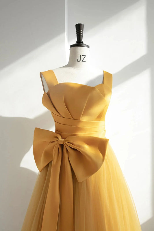Yellow Tulle Long A-Line Prom Dress Cute Evening Dress with Bow simple gentle atmospheric and unique desi Bring summer colors to enhance whitenes by YiHuiw