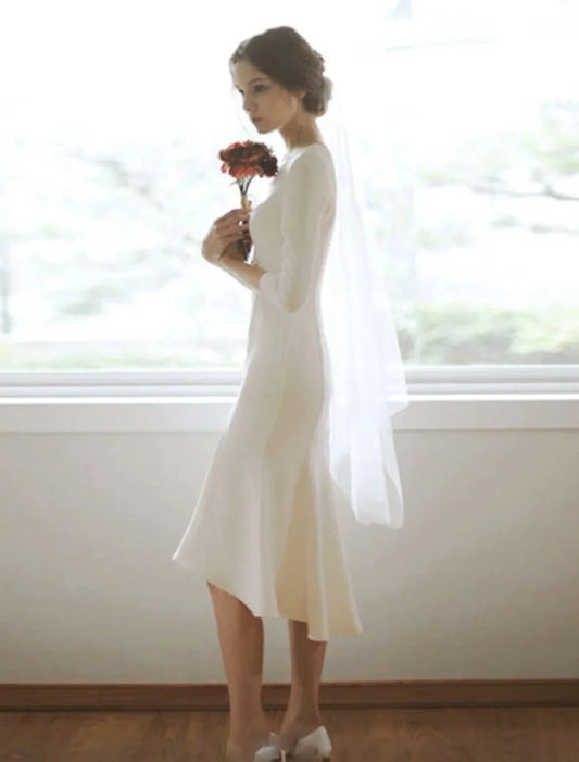 Reception Little White Dresses Fall Wedding Dresses Mermaid / Trumpet V Neck 3/4 Length Sleeve Asymmetrical Satin Bridal Gowns With Summer Wedding Party Women‘s Clothing by YiHuiw