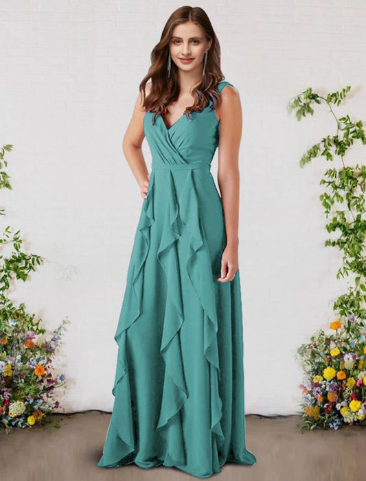 A-Line Bridesmaid Dress V Neck Sleeveless Elegant Floor Length Chiffon with Ruffles by YiHuiw