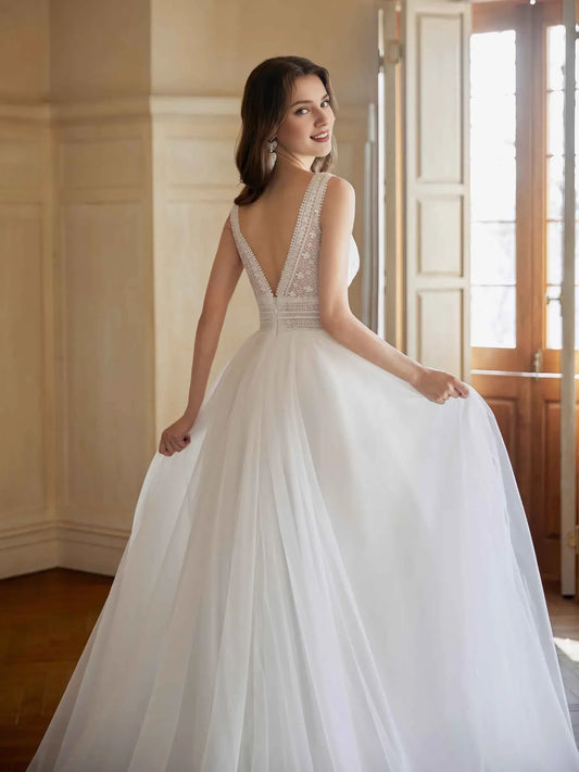 A-Line V-Neck Sleeveless Floor-Length Wedding Dress - Yihuiw by Yihuiw