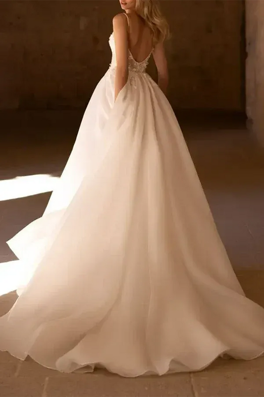 A-Line V-Neck Floor-Length Wedding Dress - Yihuiw by Yihuiw
