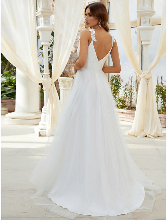 Reception Casual Wedding Dresses A-Line Sweetheart V Wire Regular Straps Sweep / Brush Train Tulle Bridal Gowns With Crystals Appliques Summer Wedding Party, Women's Clothing by YiHuiw