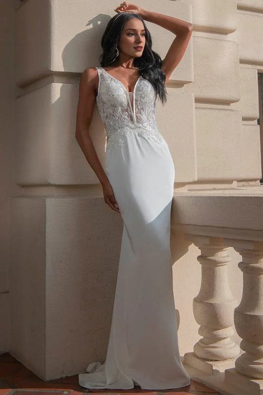Mermaid Plunging Sleeveless Floor-Length Wedding Dress - Yihuiw by Yihuiw