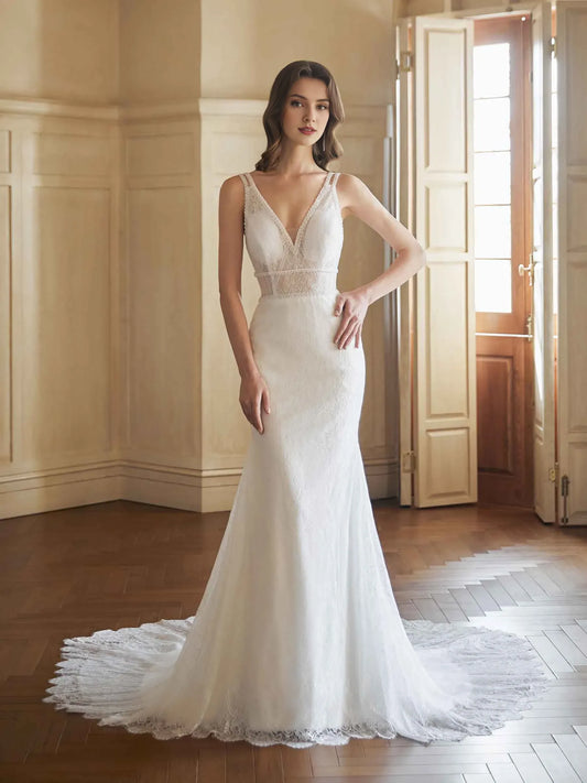 Mermaid V-Neck Sleeveless Floor-Length Wedding Dress - Yihuiw by Yihuiw